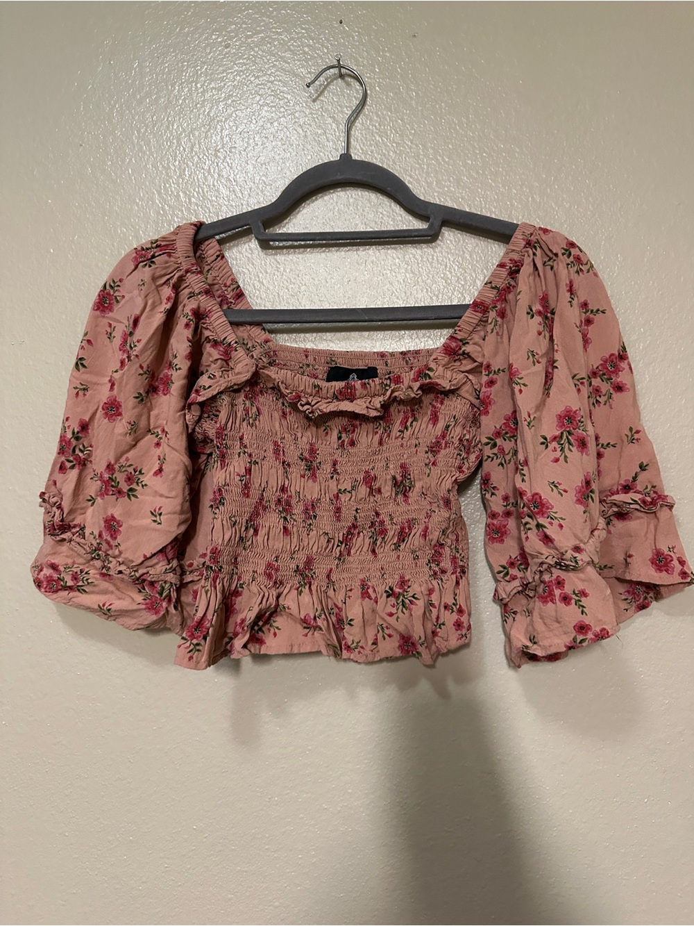 Angie Smocked Floral Off-Shoulder Crop Top - Pink